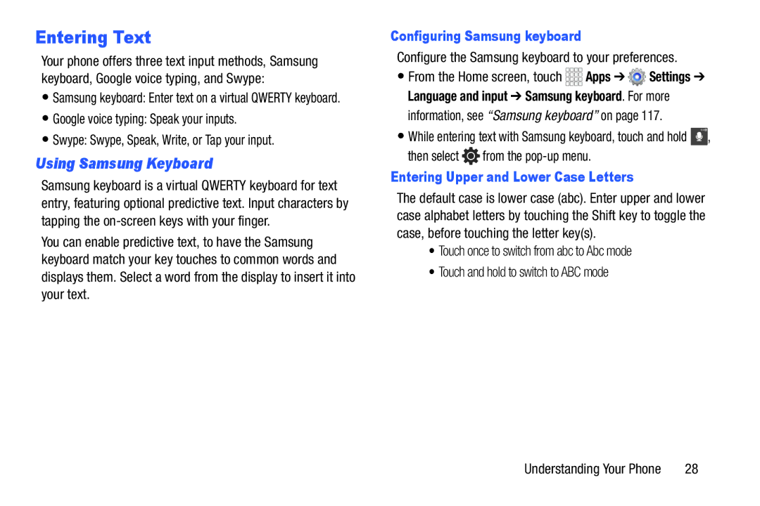 Samsung GH68-39988A manual Entering Text, Using Samsung Keyboard, Configuring Samsung keyboard 