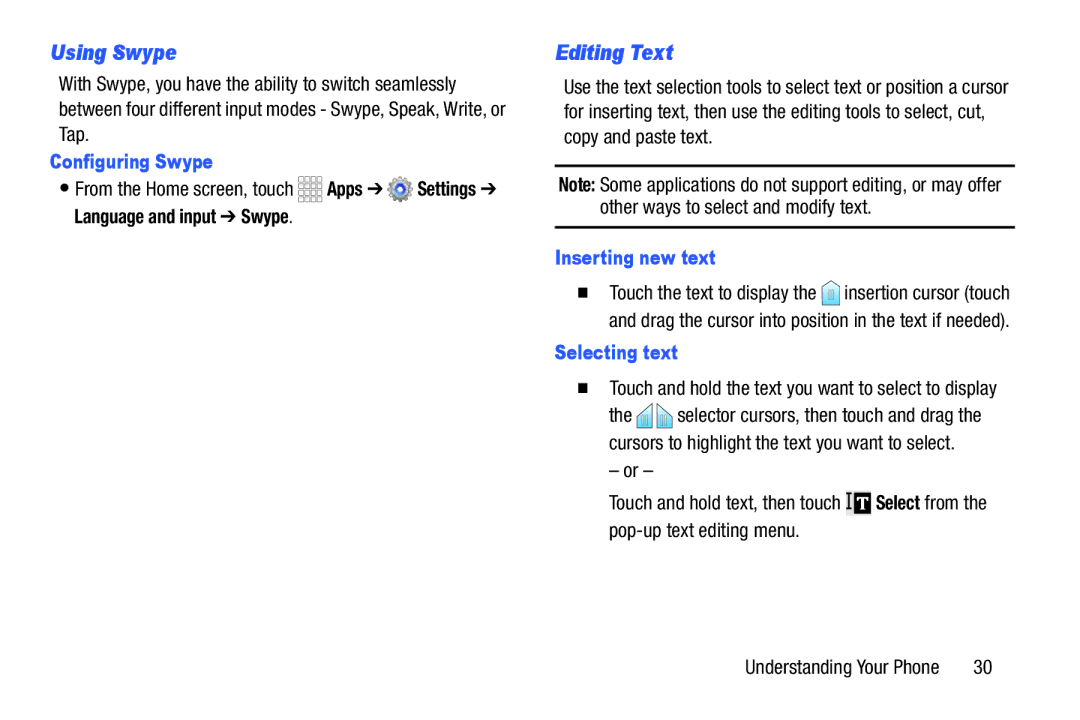 Samsung GH68-39988A manual Using Swype, Editing Text, Configuring Swype, Inserting new text, Selecting text 