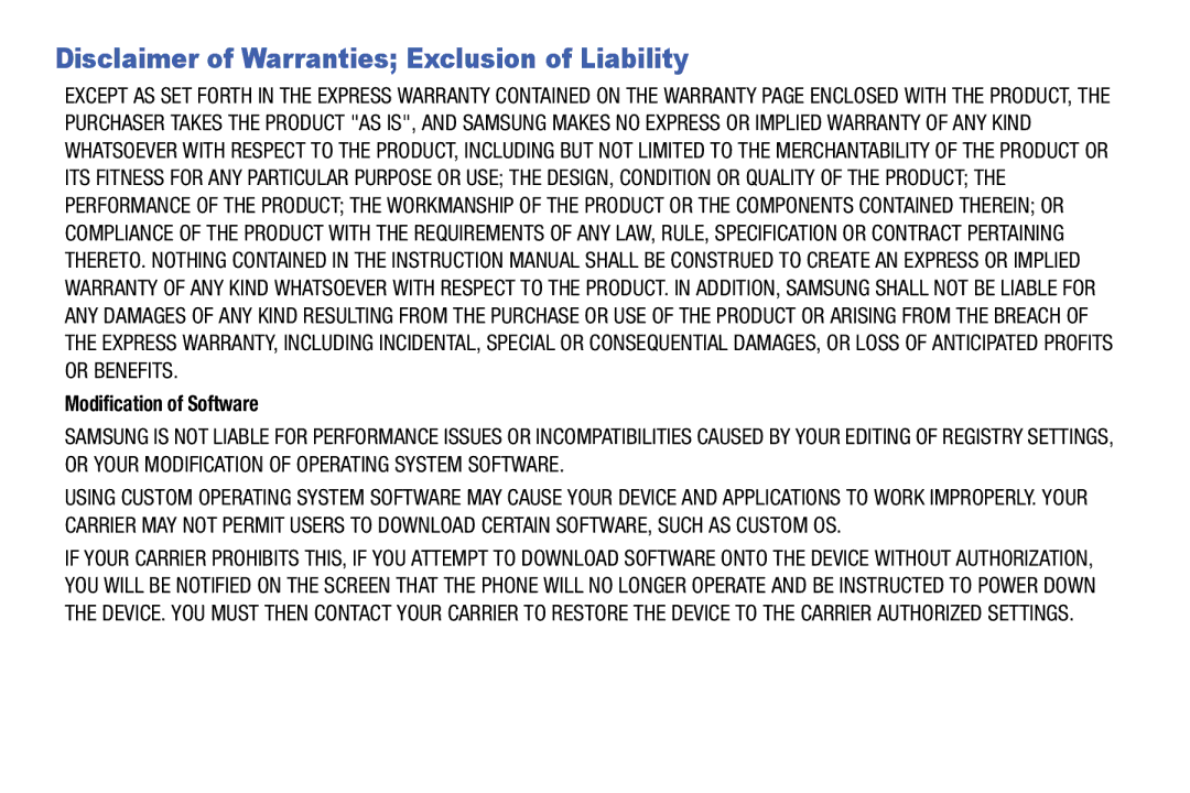 Samsung GH68-39988A manual Disclaimer of Warranties Exclusion of Liability, Modification of Software 