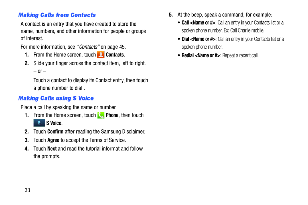 Samsung GH68-39988A manual Making Calls from Contacts, Making Calls using S Voice 