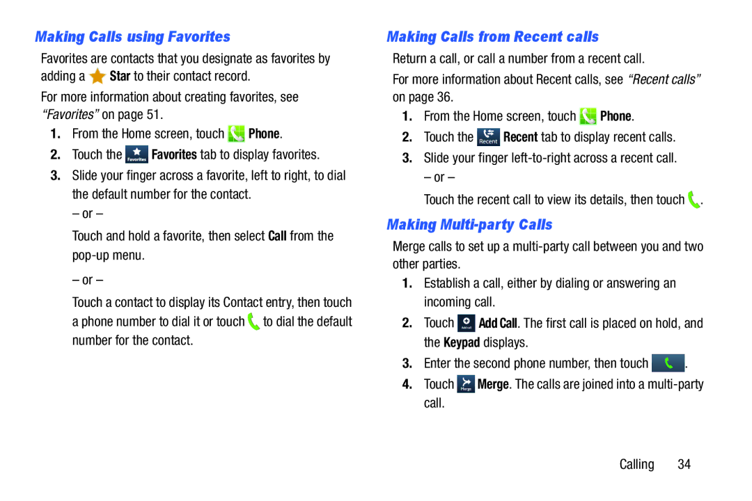 Samsung GH68-39988A manual Making Calls using Favorites, Making Calls from Recent calls, Making Multi-party Calls 