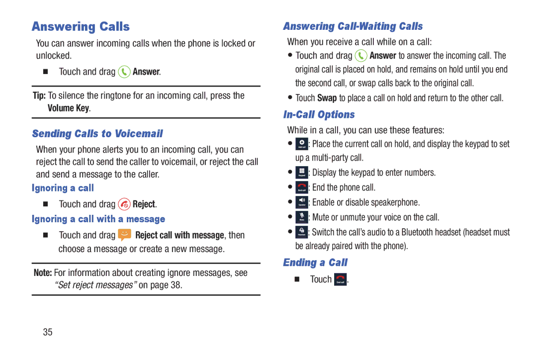 Samsung GH68-39988A manual Answering Calls, Sending Calls to Voicemail, Answering Call-Waiting Calls, In-Call Options 