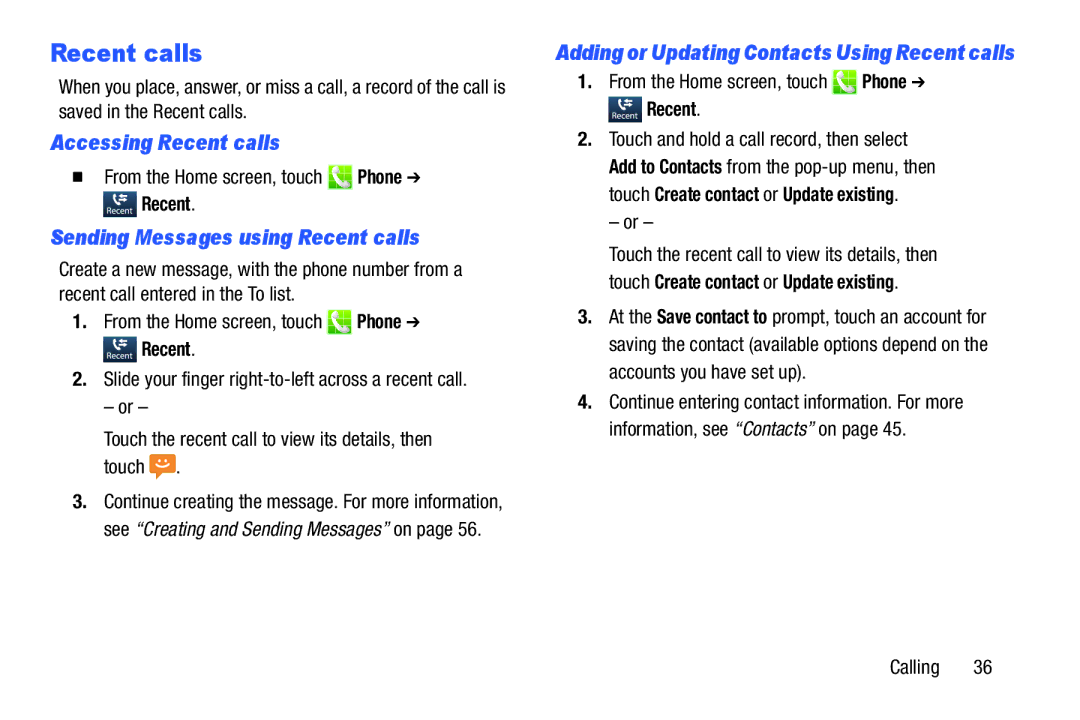 Samsung GH68-39988A manual Accessing Recent calls, Sending Messages using Recent calls 