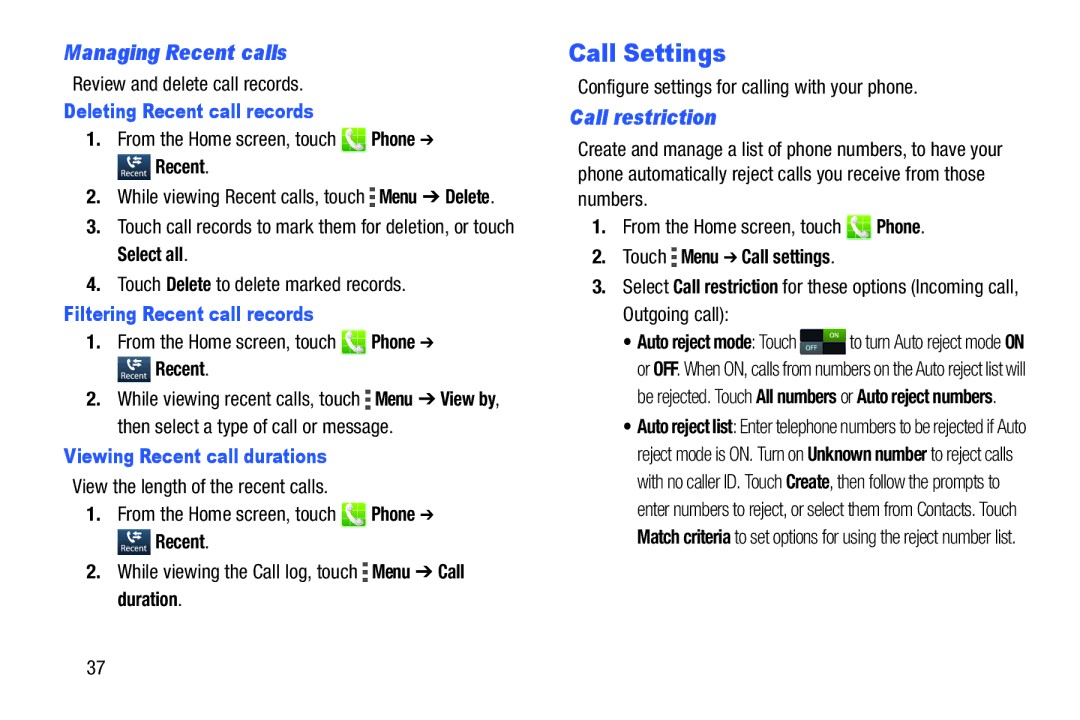 Samsung GH68-39988A manual Call Settings, Managing Recent calls, Call restriction 