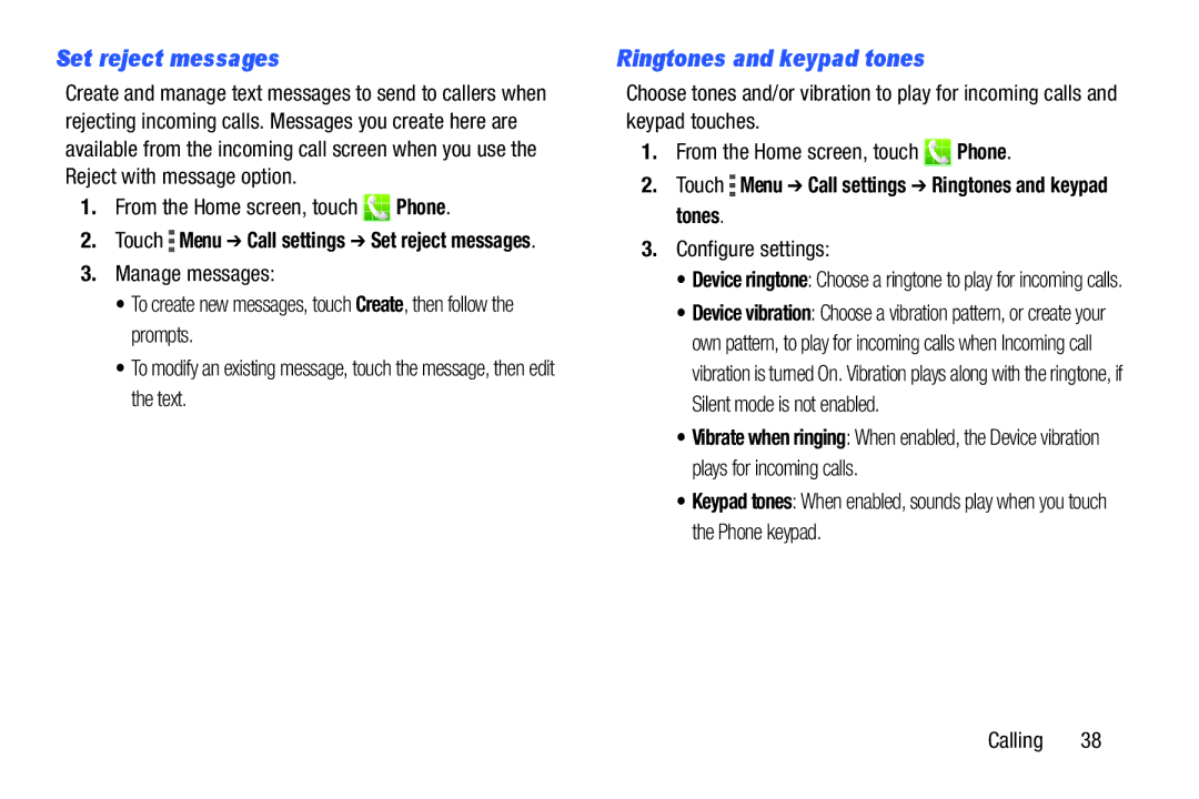 Samsung GH68-39988A manual Set reject messages, Touch Menu Call settings Ringtones and keypad tones, Configure settings 