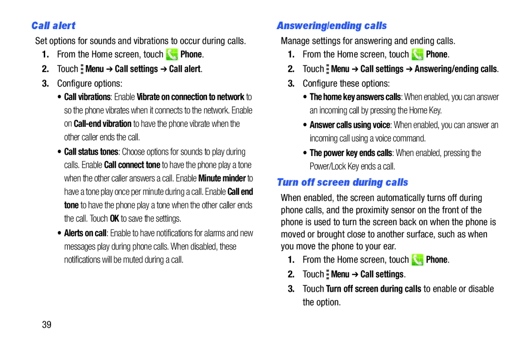 Samsung GH68-39988A manual Answering/ending calls, Turn off screen during calls, Touch Menu Call settings Call alert 