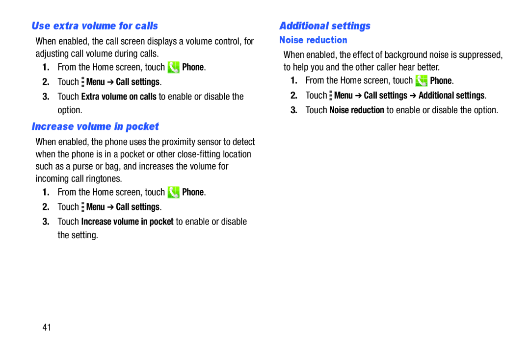 Samsung GH68-39988A manual Use extra volume for calls, Increase volume in pocket, Additional settings, Noise reduction 