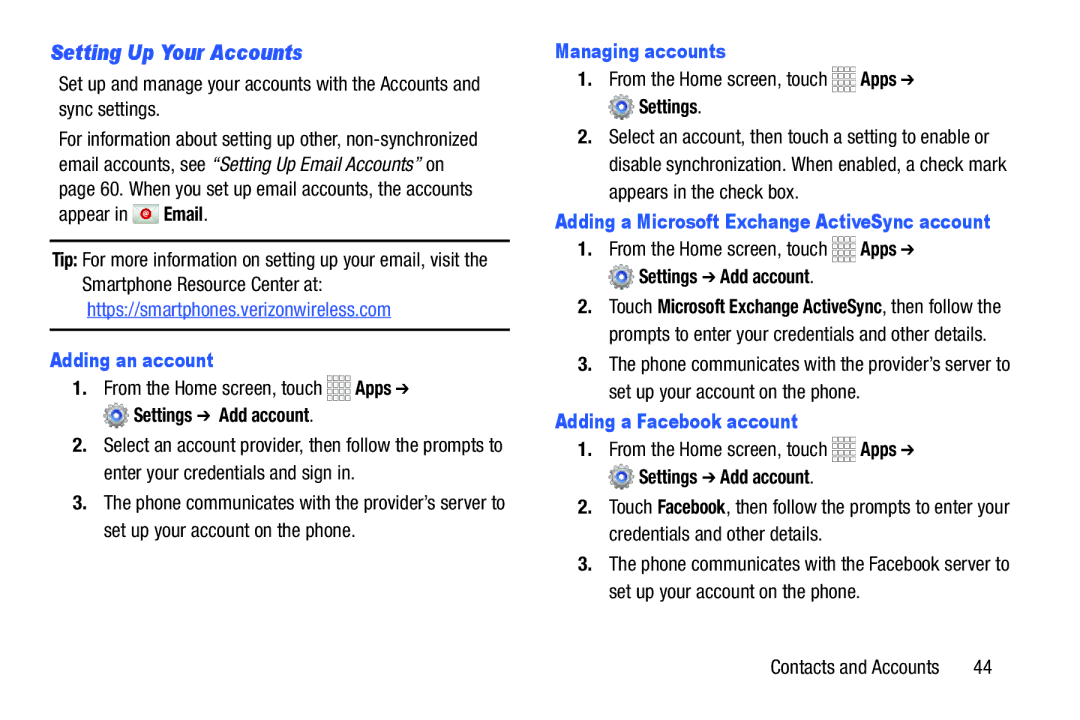 Samsung GH68-39988A manual Setting Up Your Accounts, Adding an account, Managing accounts, Adding a Facebook account 