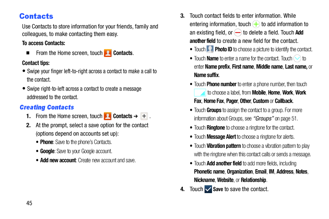 Samsung GH68-39988A manual Creating Contacts, To access Contacts, Contact tips, Name suffix 