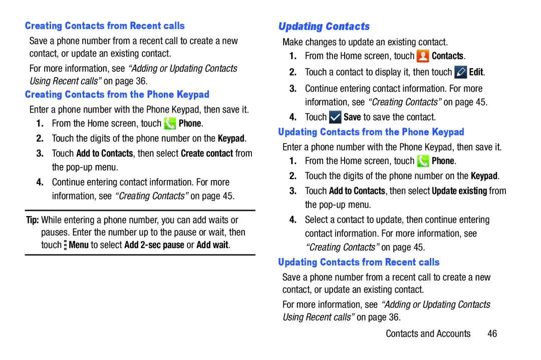 Samsung GH68-39988A manual Updating Contacts, Creating Contacts from Recent calls, Creating Contacts from the Phone Keypad 