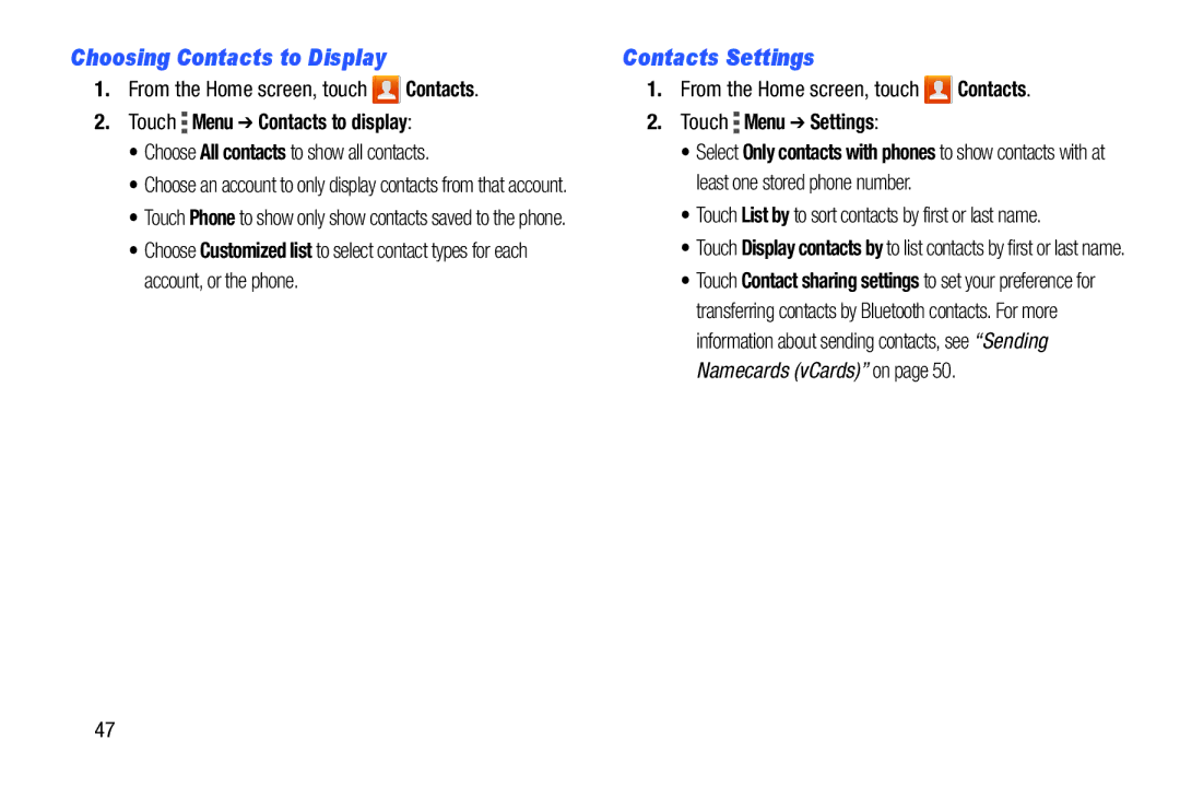 Samsung GH68-39988A Choosing Contacts to Display, Contacts Settings, Touch Menu Contacts to display, Touch Menu Settings 