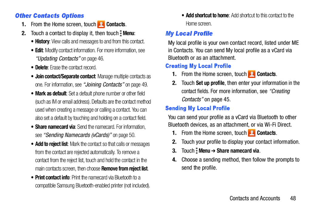 Samsung GH68-39988A manual Other Contacts Options, Creating My Local Profile, Sending My Local Profile 