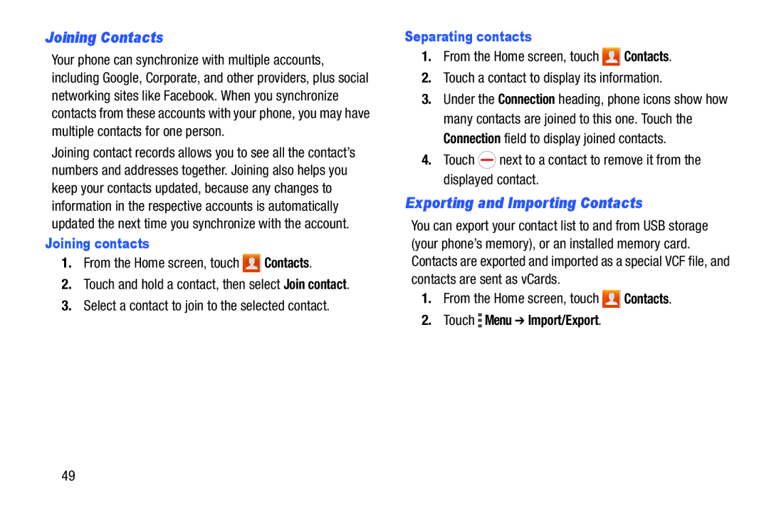 Samsung GH68-39988A manual Joining Contacts, Exporting and Importing Contacts, Joining contacts, Separating contacts 