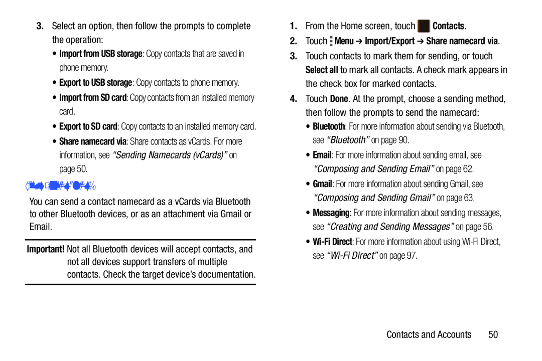 Samsung GH68-39988A manual Sending Namecards vCards, Touch Menu Import/Export Share namecard via 