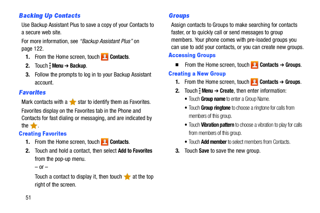 Samsung GH68-39988A manual Backing Up Contacts, Favorites, Groups 