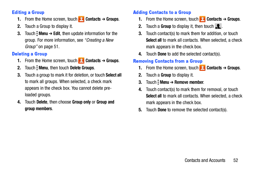 Samsung GH68-39988A manual Editing a Group, Deleting a Group, Adding Contacts to a Group, Removing Contacts from a Group 