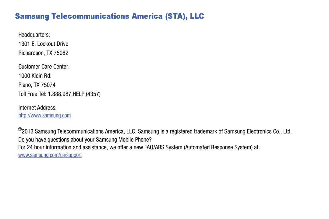 Samsung GH68-39988A manual Samsung Telecommunications America STA, LLC 