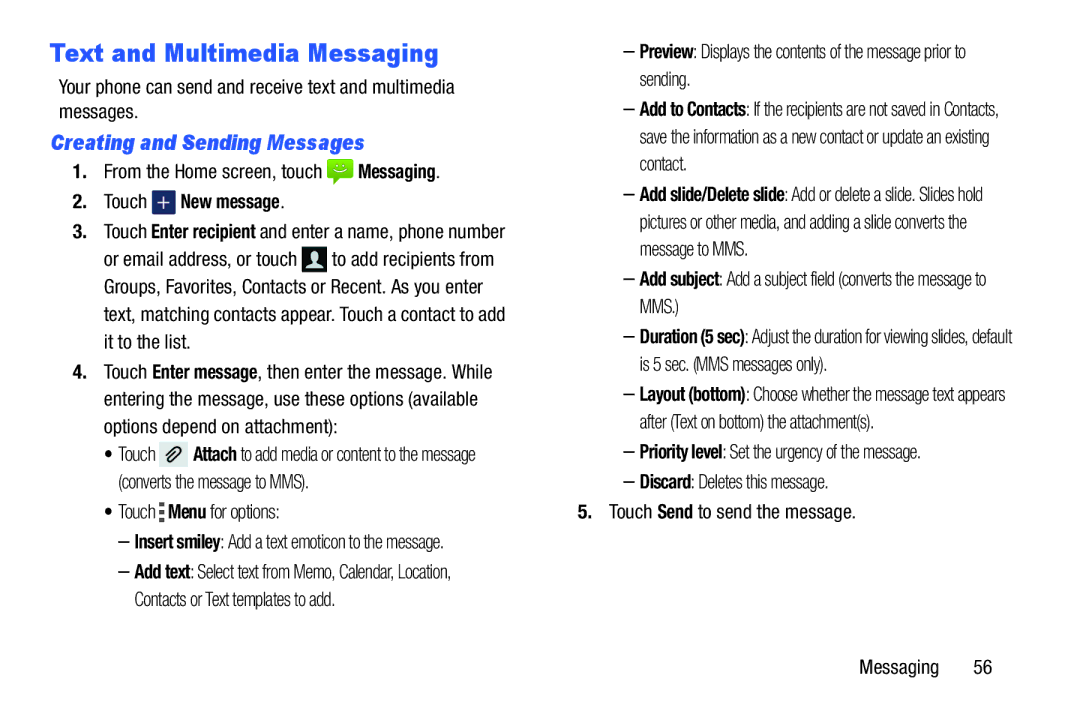 Samsung GH68-39988A manual Text and Multimedia Messaging, Creating and Sending Messages, Touch + New message 