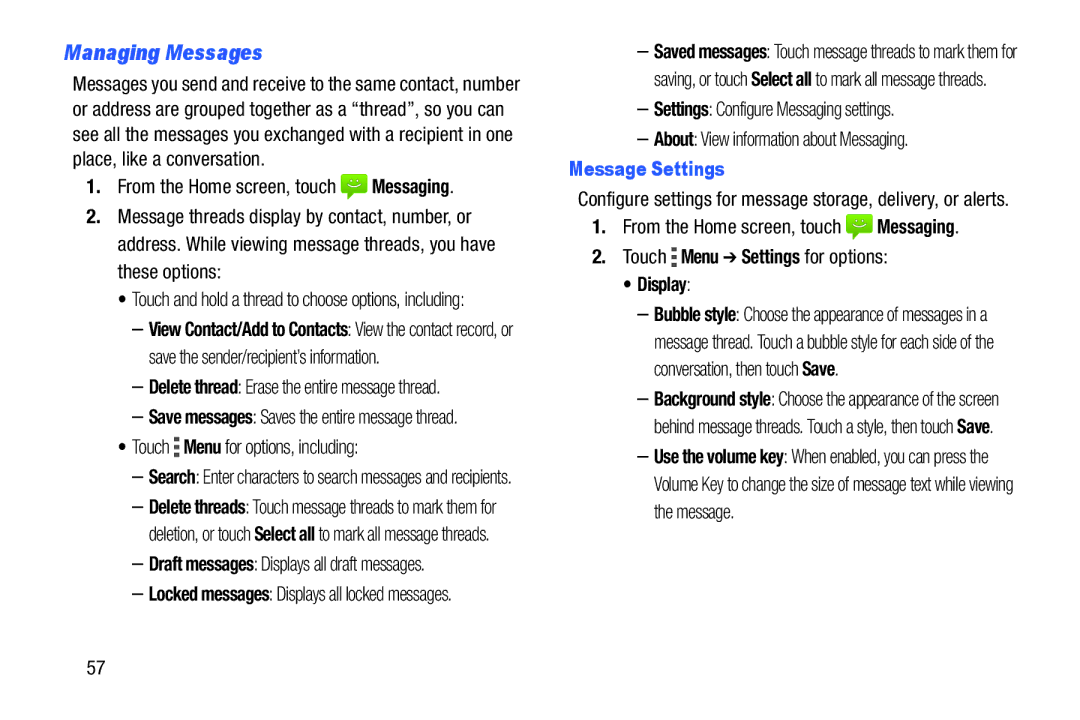 Samsung GH68-39988A manual Managing Messages, Touch Menu for options, including, Message Settings, Display 