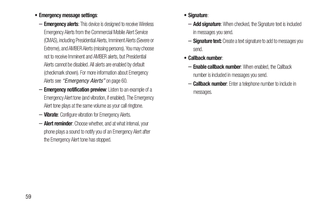 Samsung GH68-39988A manual Emergency message settings, Vibrate Configure vibration for Emergency Alerts, Signature 