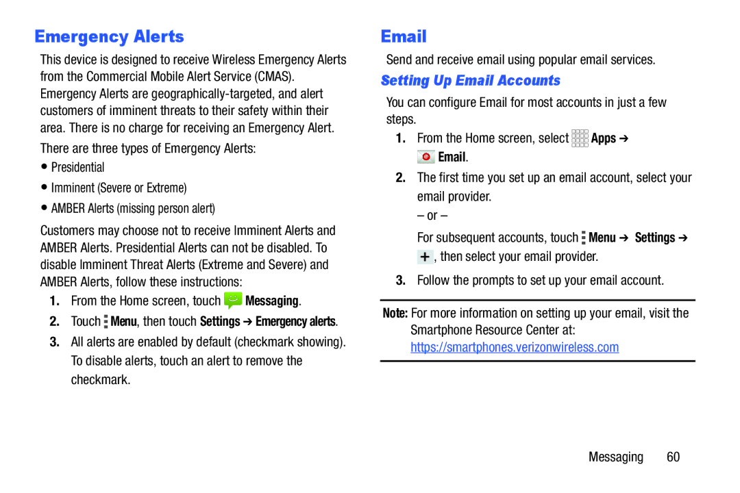 Samsung GH68-39988A manual Emergency Alerts, Setting Up Email Accounts 