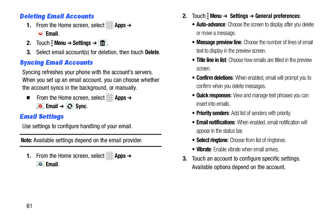 Samsung GH68-39988A manual Deleting Email Accounts, Syncing Email Accounts, Email Settings 