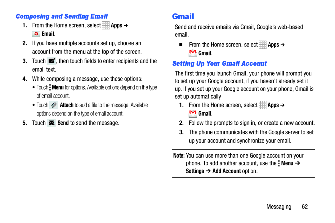 Samsung GH68-39988A manual Composing and Sending Email, Setting Up Your Gmail Account, Settings Add Account option 