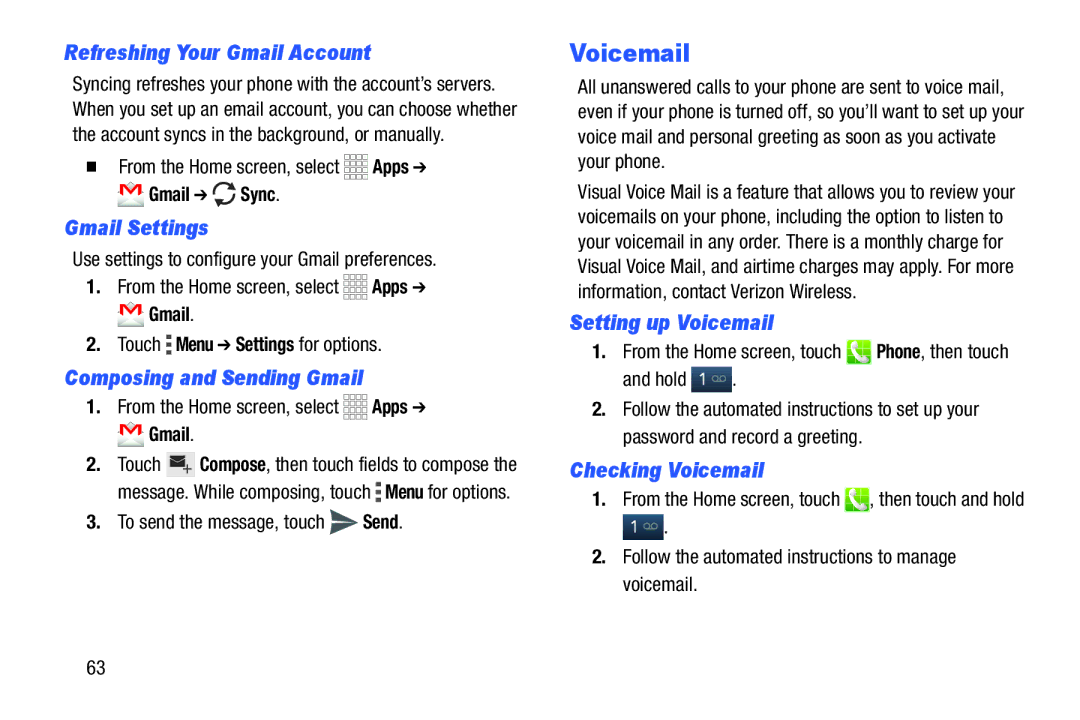 Samsung GH68-39988A manual Refreshing Your Gmail Account, Gmail Settings, Composing and Sending Gmail, Setting up Voicemail 
