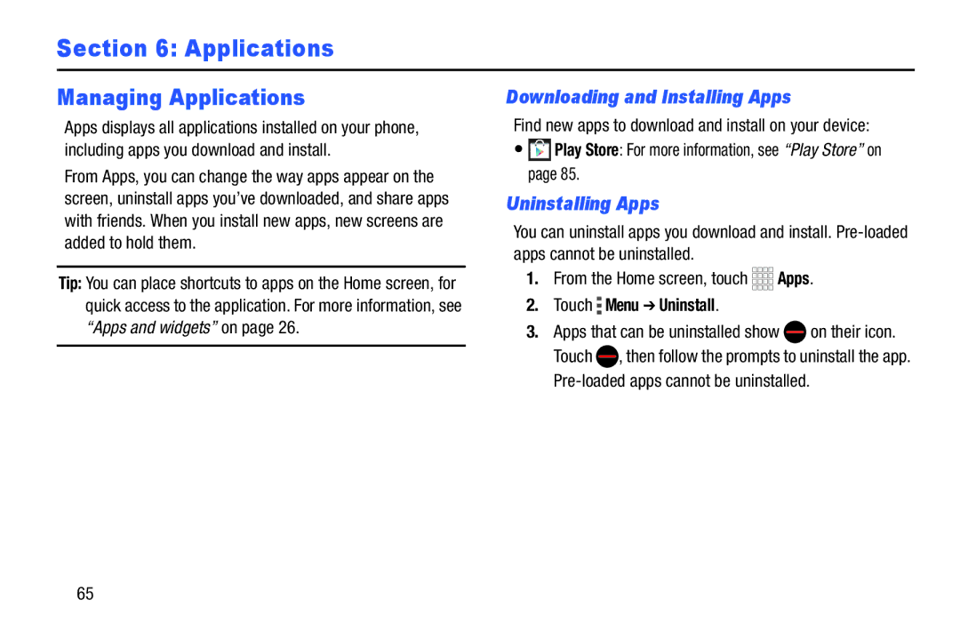 Samsung GH68-39988A manual Managing Applications, Downloading and Installing Apps, Uninstalling Apps, Touch Menu Uninstall 