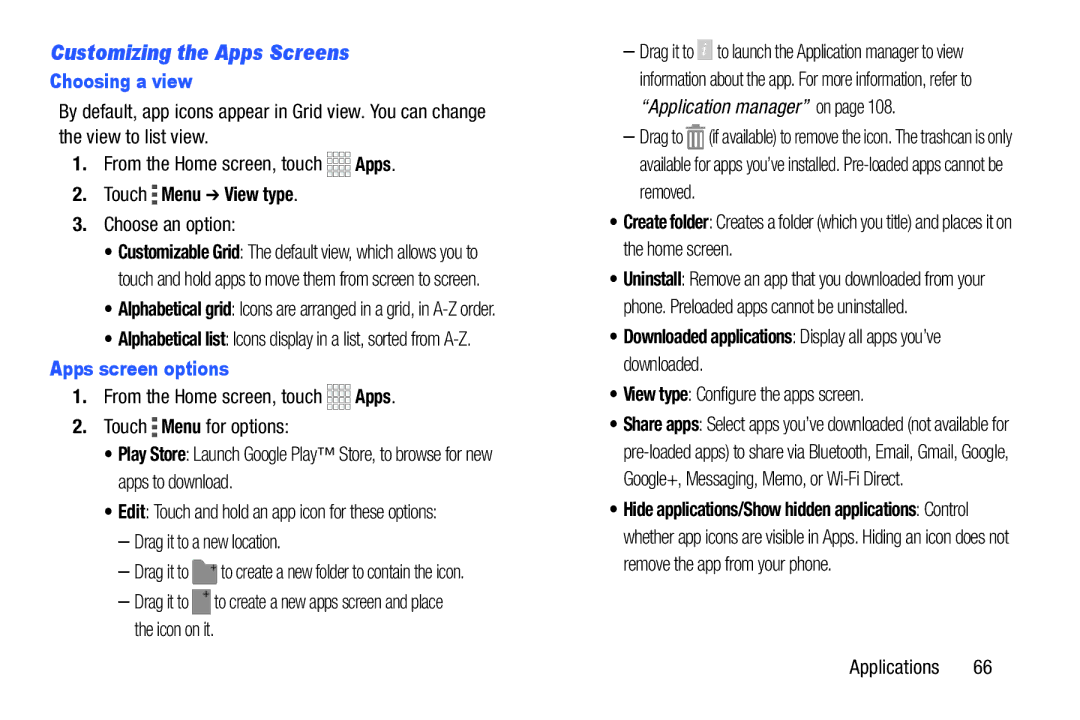 Samsung GH68-39988A manual Customizing the Apps Screens, Choosing a view, Touch Menu View type, Apps screen options 