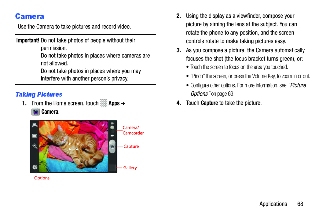 Samsung GH68-39988A manual Taking Pictures, From the Home screen, touch Apps Camera 