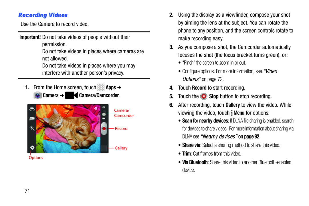 Samsung GH68-39988A manual Recording Videos, Camera Camera/Camcorder, Pinch the screen to zoom in or out 