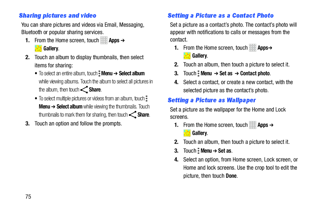 Samsung GH68-39988A manual Sharing pictures and video, Setting a Picture as a Contact Photo, Setting a Picture as Wallpaper 
