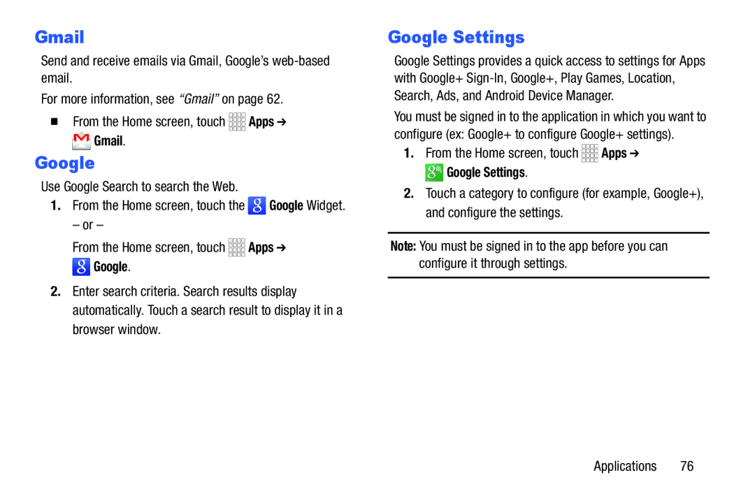 Samsung GH68-39988A manual Google Settings, Use Google Search to search the Web 