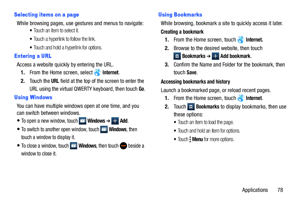 Samsung GH68-39988A manual Selecting items on a, Entering a URL, Using Windows, Using Bookmarks 