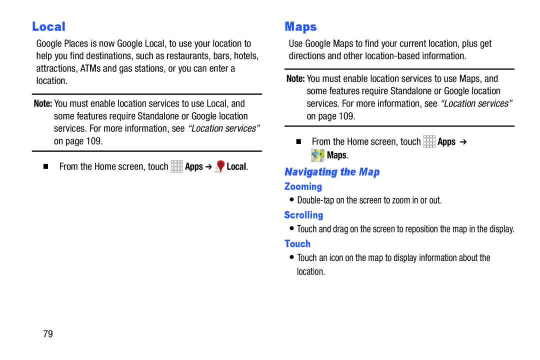 Samsung GH68-39988A manual Local, Maps, Navigating the Map, Zooming, Scrolling 