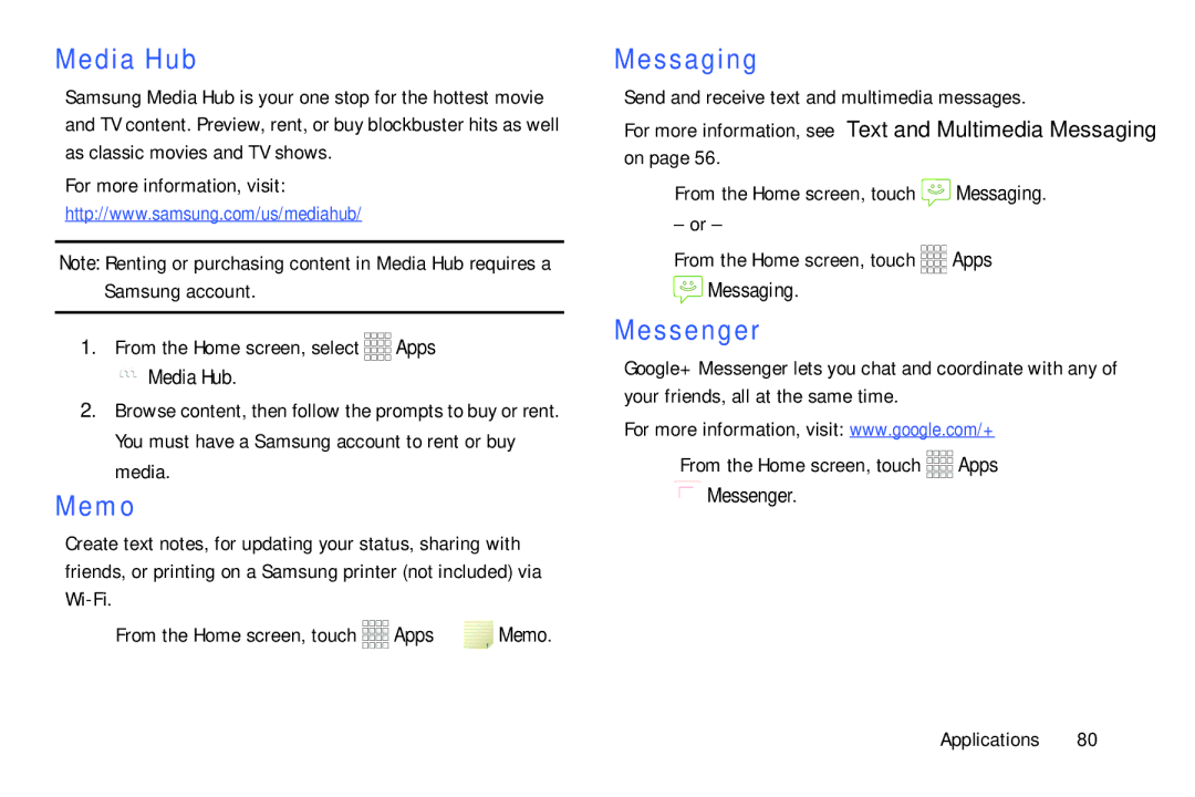 Samsung GH68-39988A manual Media Hub, Memo, Messaging, Messenger 