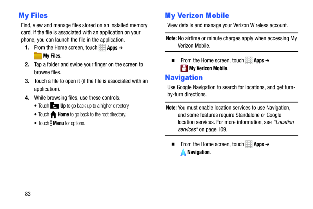 Samsung GH68-39988A manual My Files,  From the Home screen, touch Apps My Verizon Mobile 