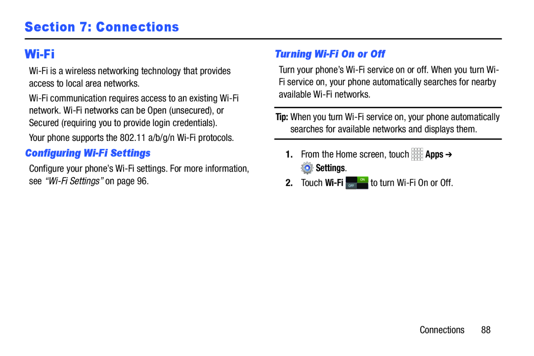 Samsung GH68-39988A manual Configuring Wi-Fi Settings, Turning Wi-Fi On or Off 