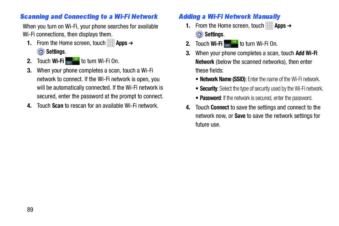 Samsung GH68-39988A manual Adding a Wi-Fi Network Manually, Scanning and Connecting to a Wi-Fi Network 