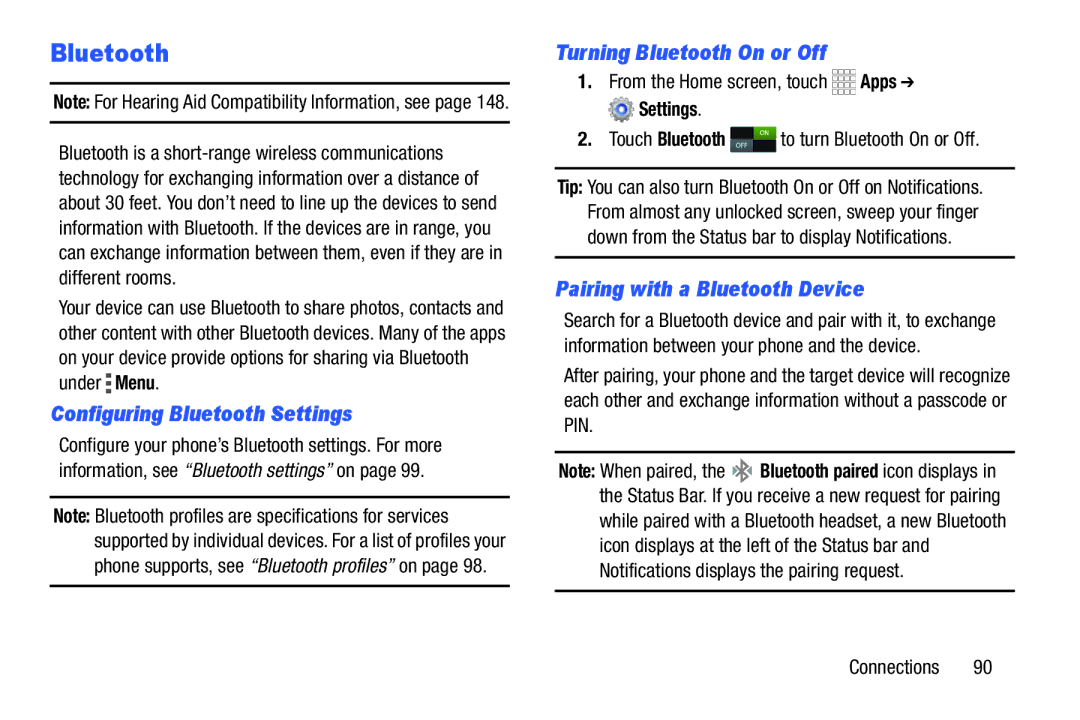 Samsung GH68-39988A manual Configuring Bluetooth Settings, Turning Bluetooth On or Off, Pairing with a Bluetooth Device 