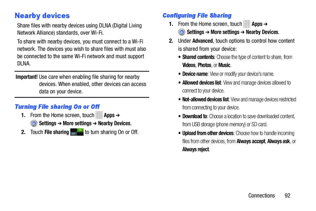 Samsung GH68-39988A manual Nearby devices, Turning File sharing On or Off, Configuring File Sharing 