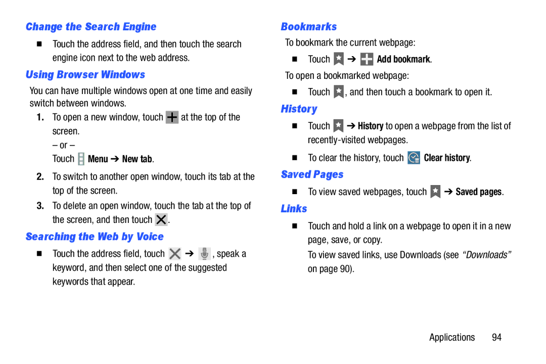 Samsung GH68-40366A Change the Search Engine, Using Browser Windows, Searching the Web by Voice, Bookmarks, History, Links 