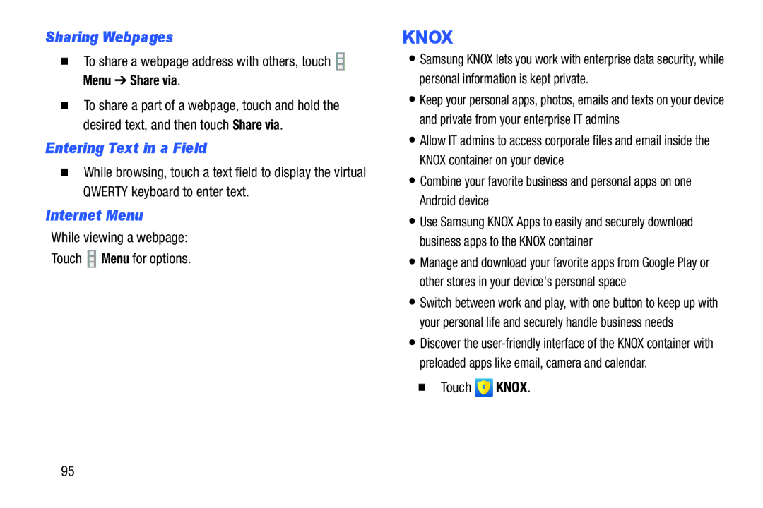 Samsung GH68-40366A manual Sharing Webpages, Entering Text in a Field, Internet Menu,  Touch Knox 