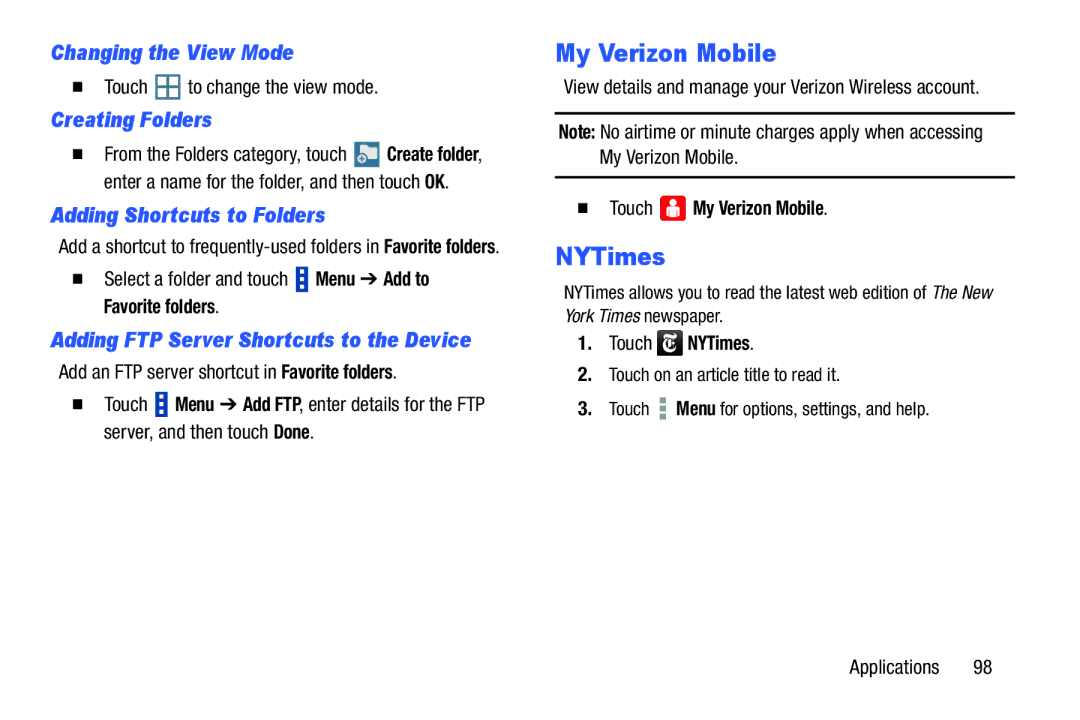 Samsung GH68-40366A My Verizon Mobile, NYTimes, Changing the View Mode, Creating Folders, Adding Shortcuts to Folders 