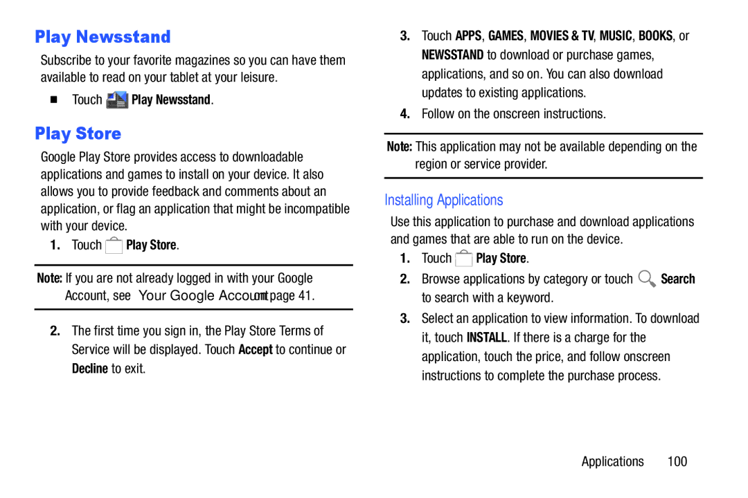 Samsung GH68-40366A manual Installing Applications,  Touch Play Newsstand, Touch Play Store 