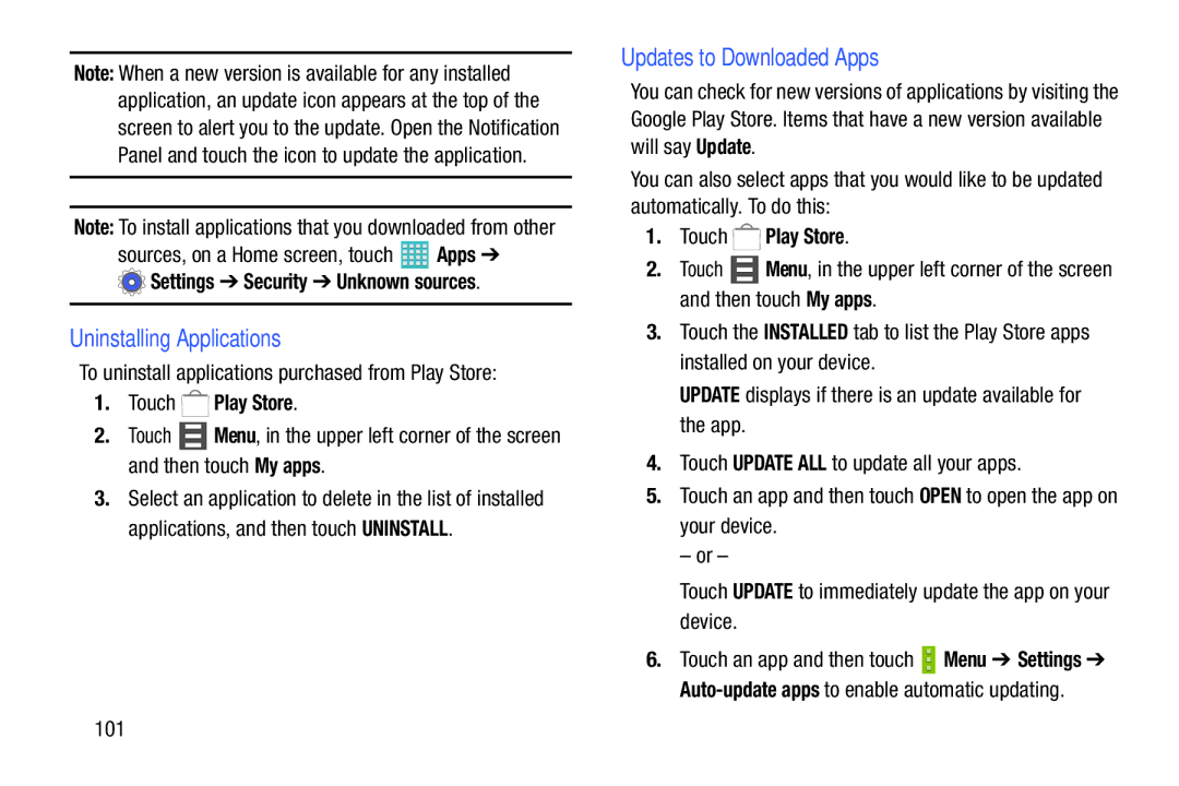 Samsung GH68-40366A Uninstalling Applications, Updates to Downloaded Apps, Sources, on a Home screen, touch Apps, 101 