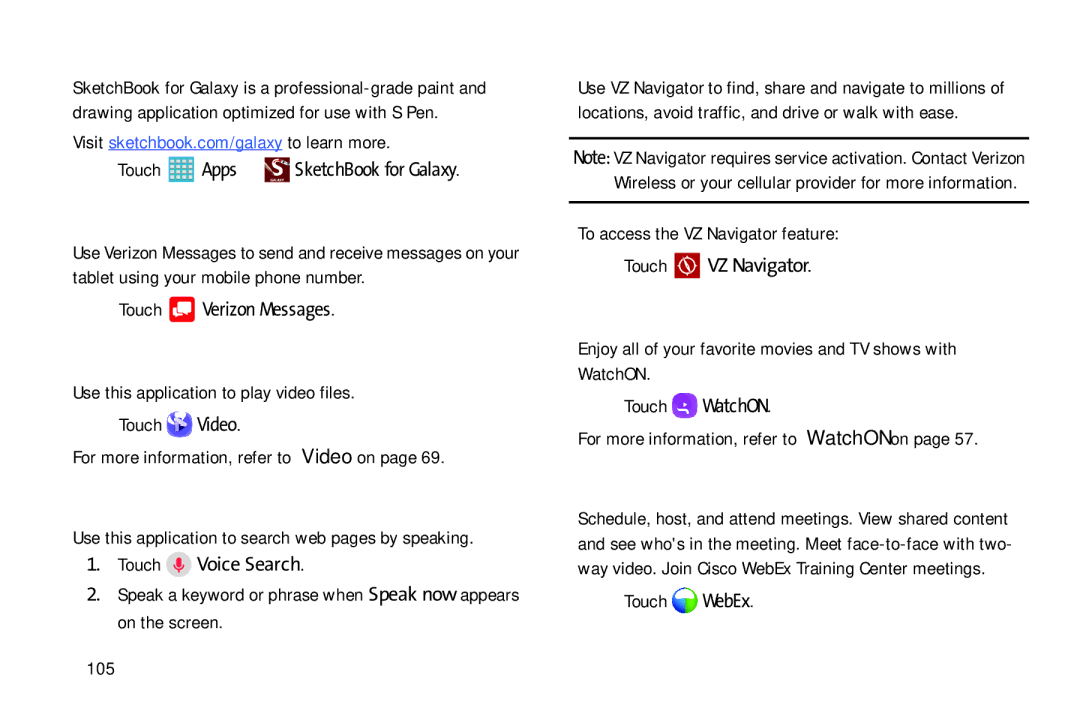 Samsung GH68-40366A manual SketchBook for Galaxy, Verizon Messages, Voice Search, VZ Navigator, WebEx 