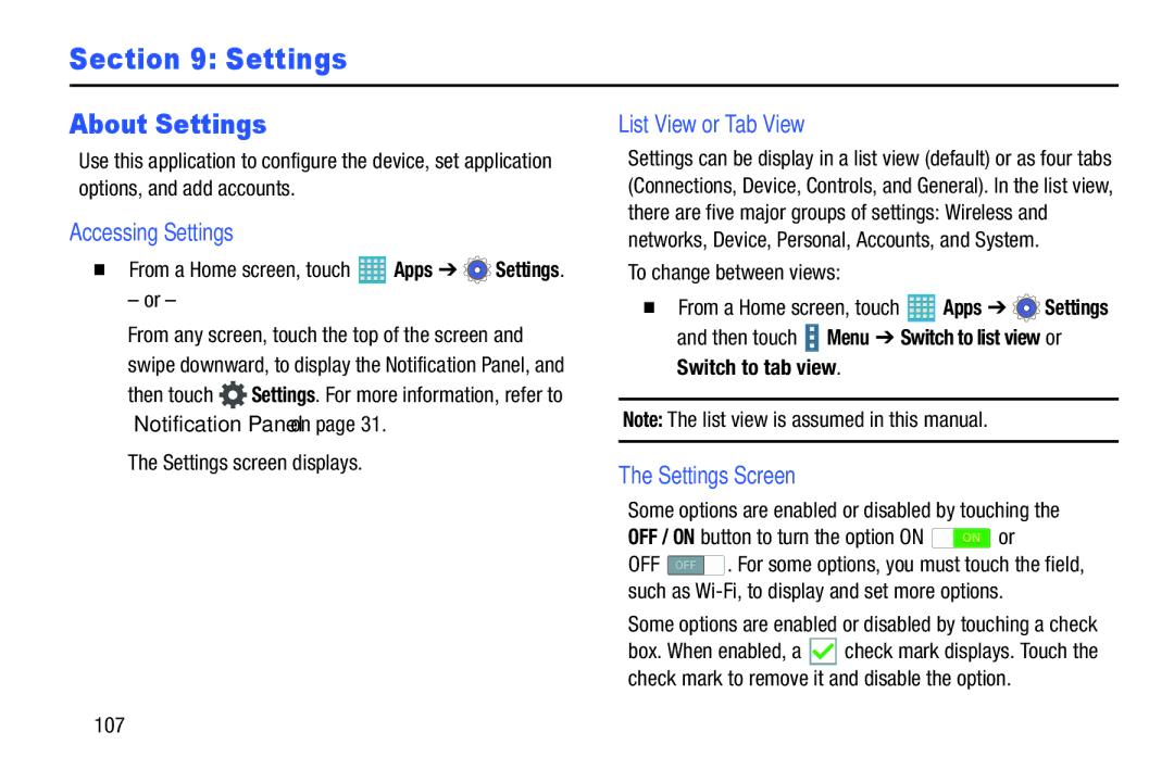 Samsung GH68-40366A manual About Settings, Accessing Settings, List View or Tab View, Settings Screen 