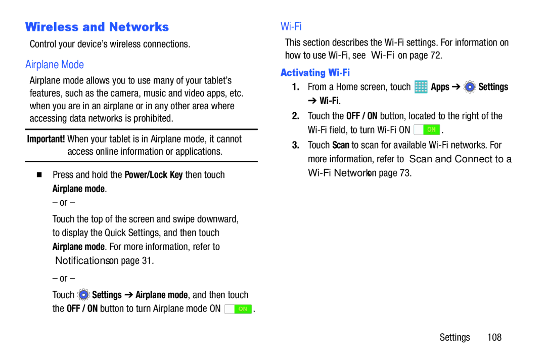 Samsung GH68-40366A manual Wireless and Networks, Airplane Mode, Activating Wi-Fi 